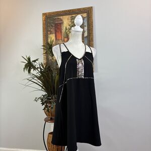 Addie Women Mini Black Dress Sleeveless V-Neck Small Embellished Cutout Pullover